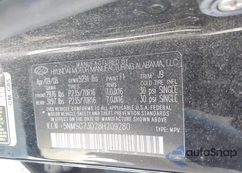 2008 Hyundai Santa Fe Gls z USA, uszkodzony, nr VIN 5NMSG73D28H209280